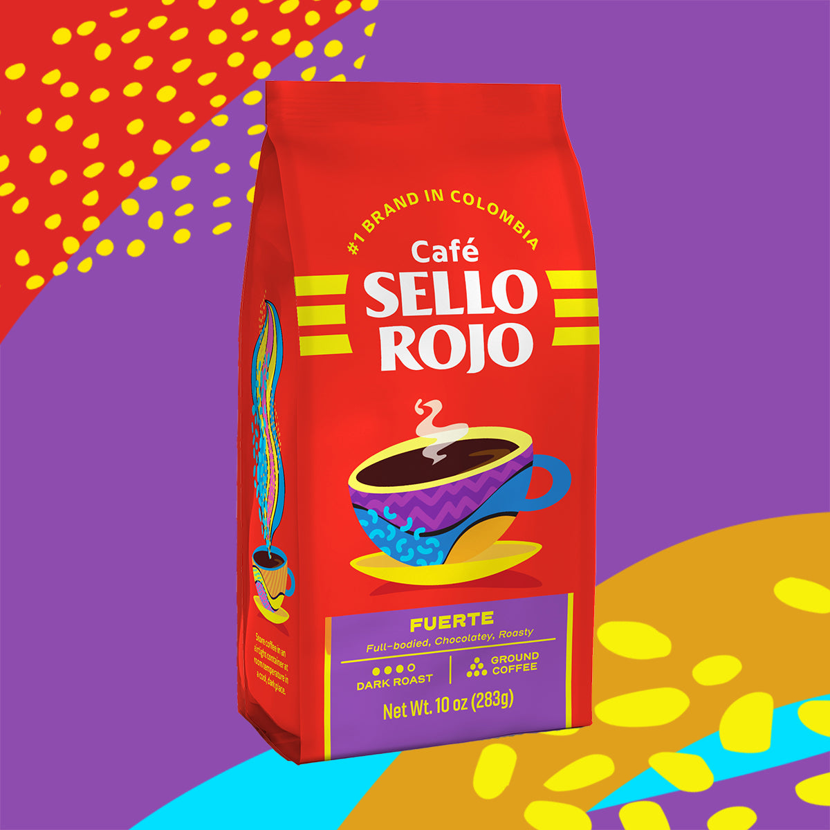 Café Sello Rojo coffee bag on a colorful abstract background
