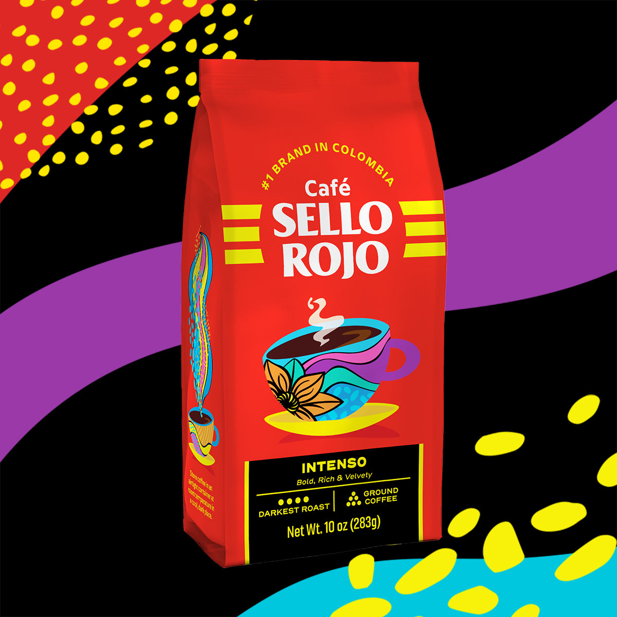 Red coffee bag labeled 'Café Sello Rojo' on a colorful abstract background