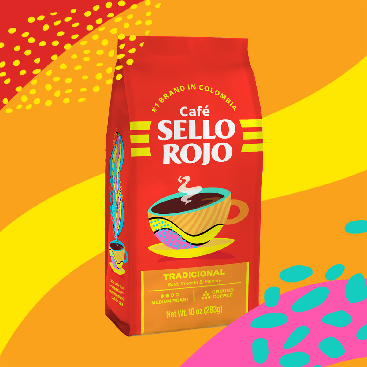 Café Sello Rojo coffee bag on a colorful abstract background